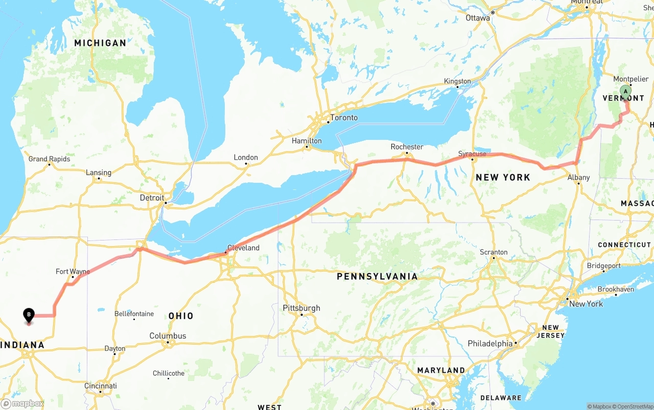 Shipping route from Vermont to Indiana