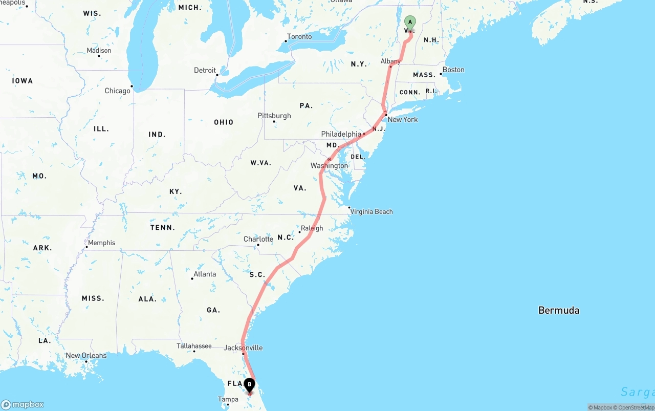 Shipping route from Vermont to Orlando International Airport