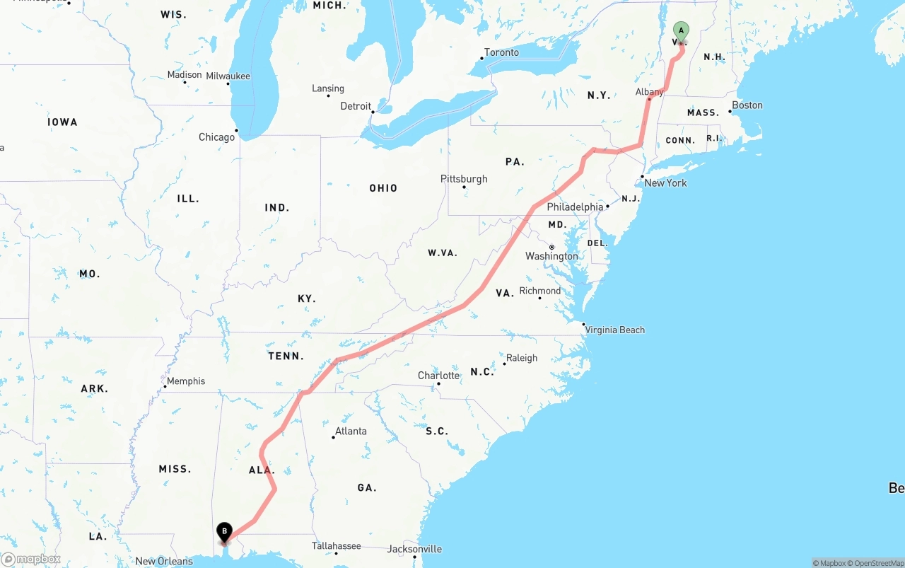 Shipping route from Vermont to Port of Mobile