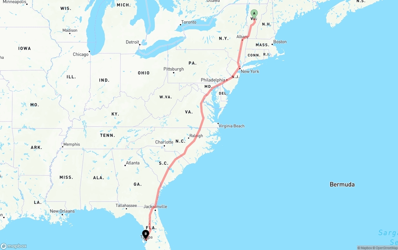 Shipping route from Vermont to Tampa International Airport