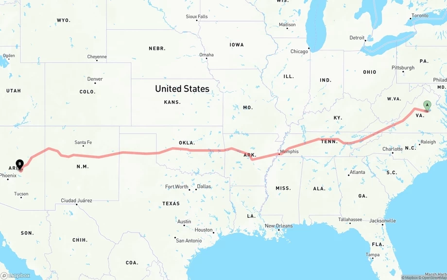 Virginia to Arizona freight shipping route map