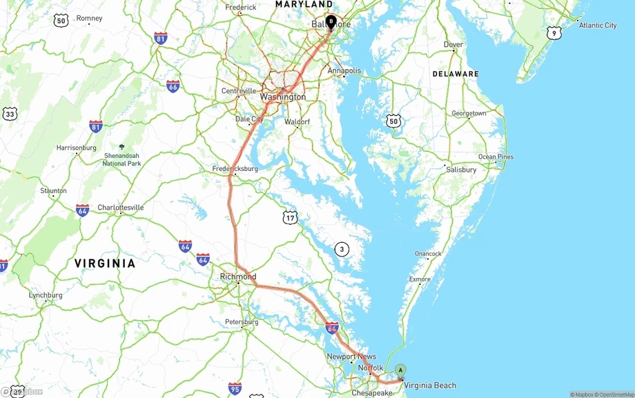 Virginia Beach to Baltimore freight shipping route map