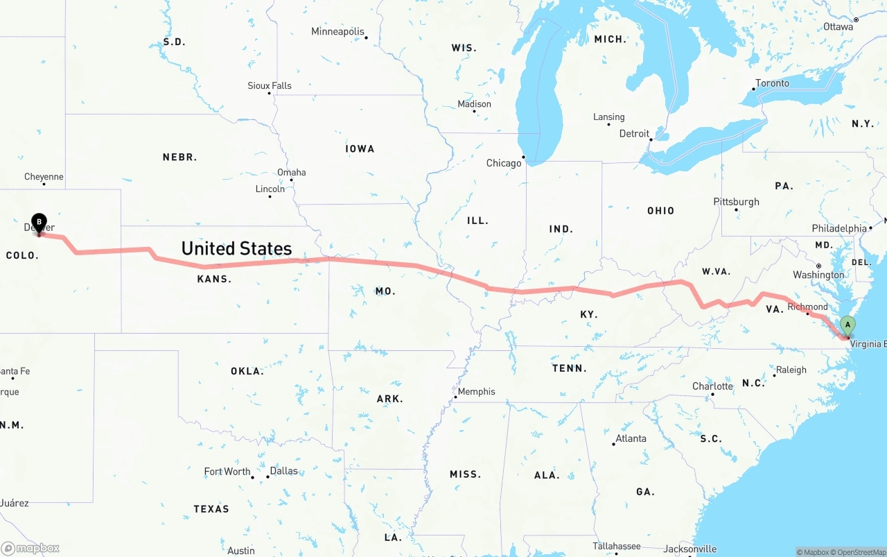 Shipping route from Virginia Beach to Denver