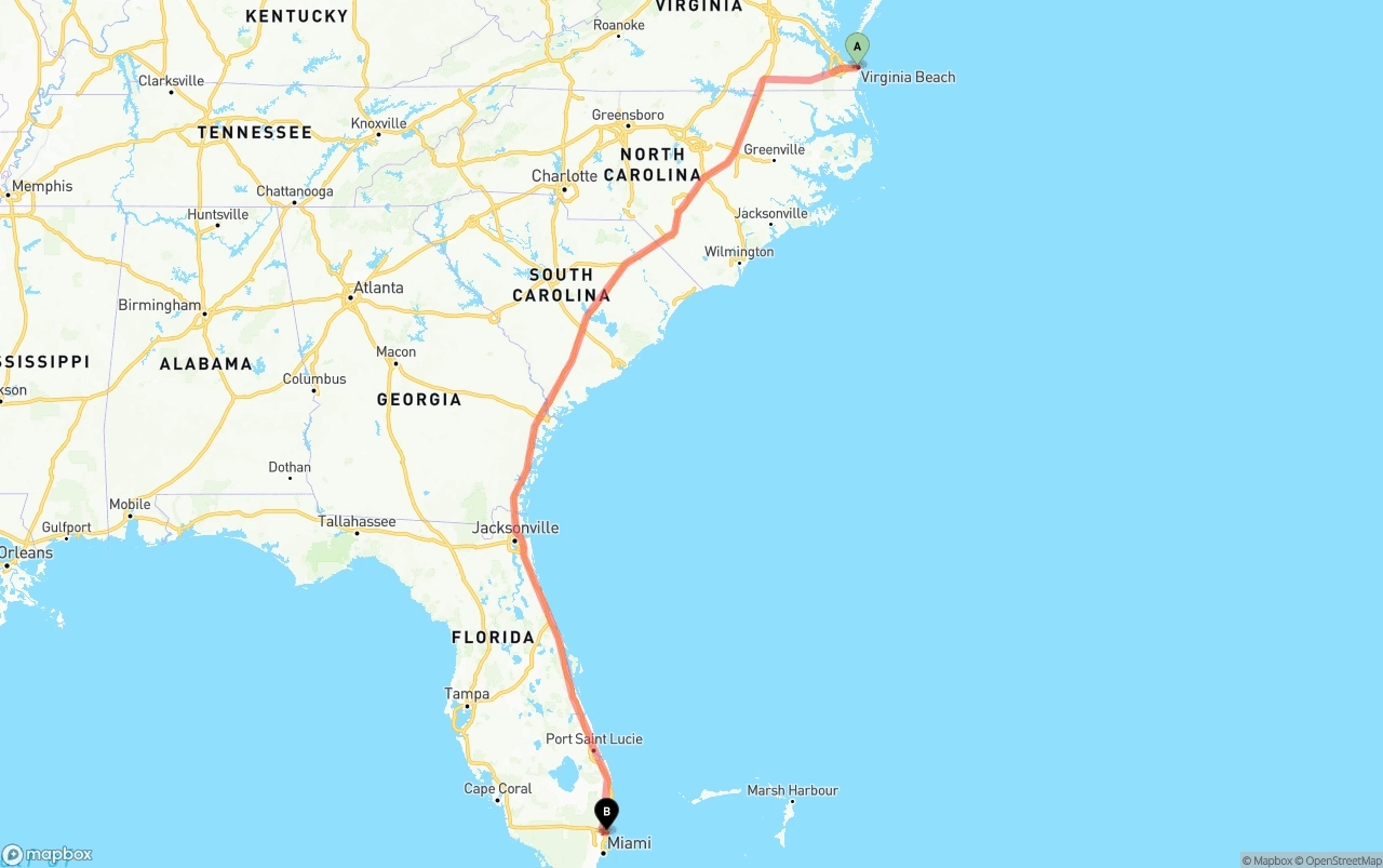Shipping route from Virginia Beach to Fort Lauderdale-Hollywood International Airport