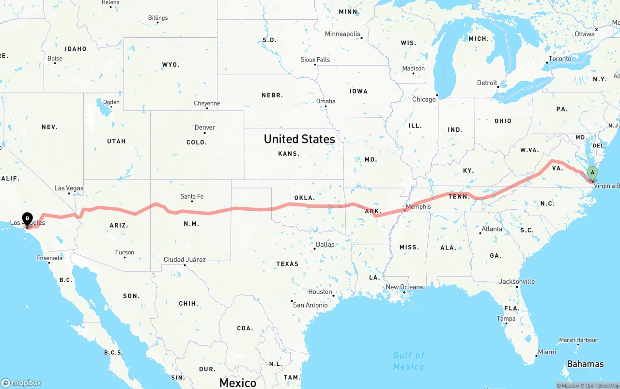 Shipping route from Virginia Beach to Los Angeles