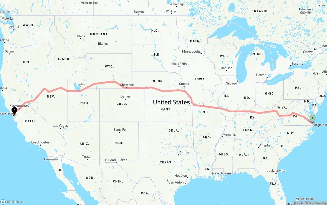 Shipping route from Virginia Beach to Oakland