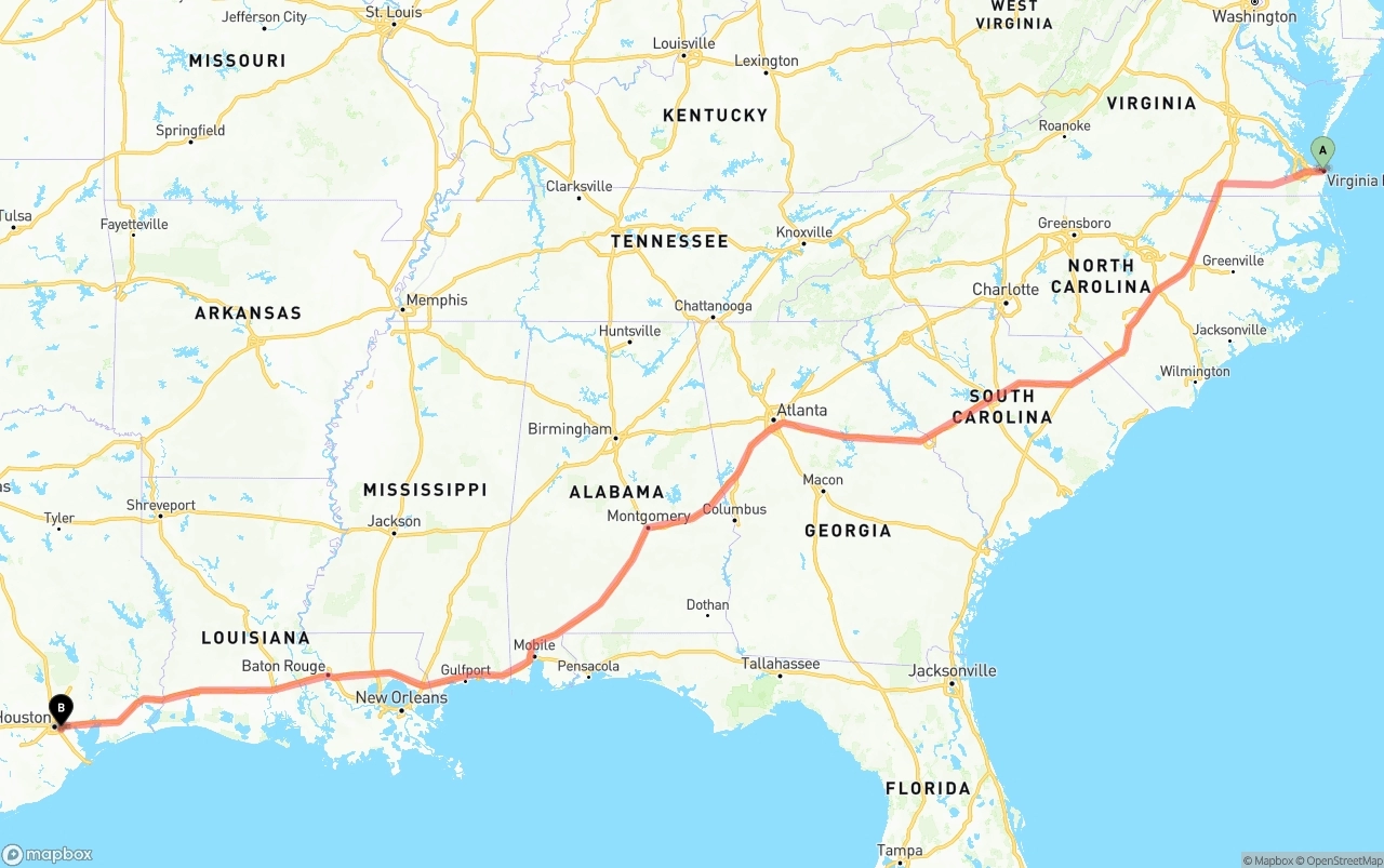 Shipping route from Virginia Beach to Port of Houston