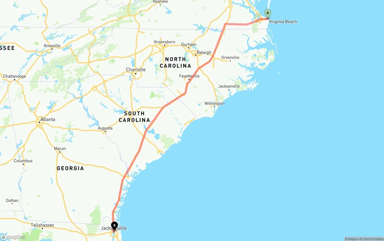 Shipping route from Virginia Beach to Port of Jacksonville