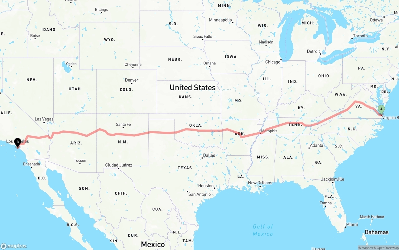 Shipping route from Virginia Beach to Port of Long Beach