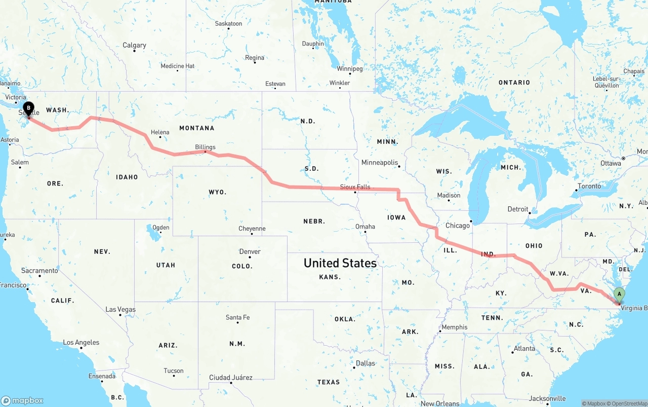 Shipping route from Virginia Beach to Port of Seattle