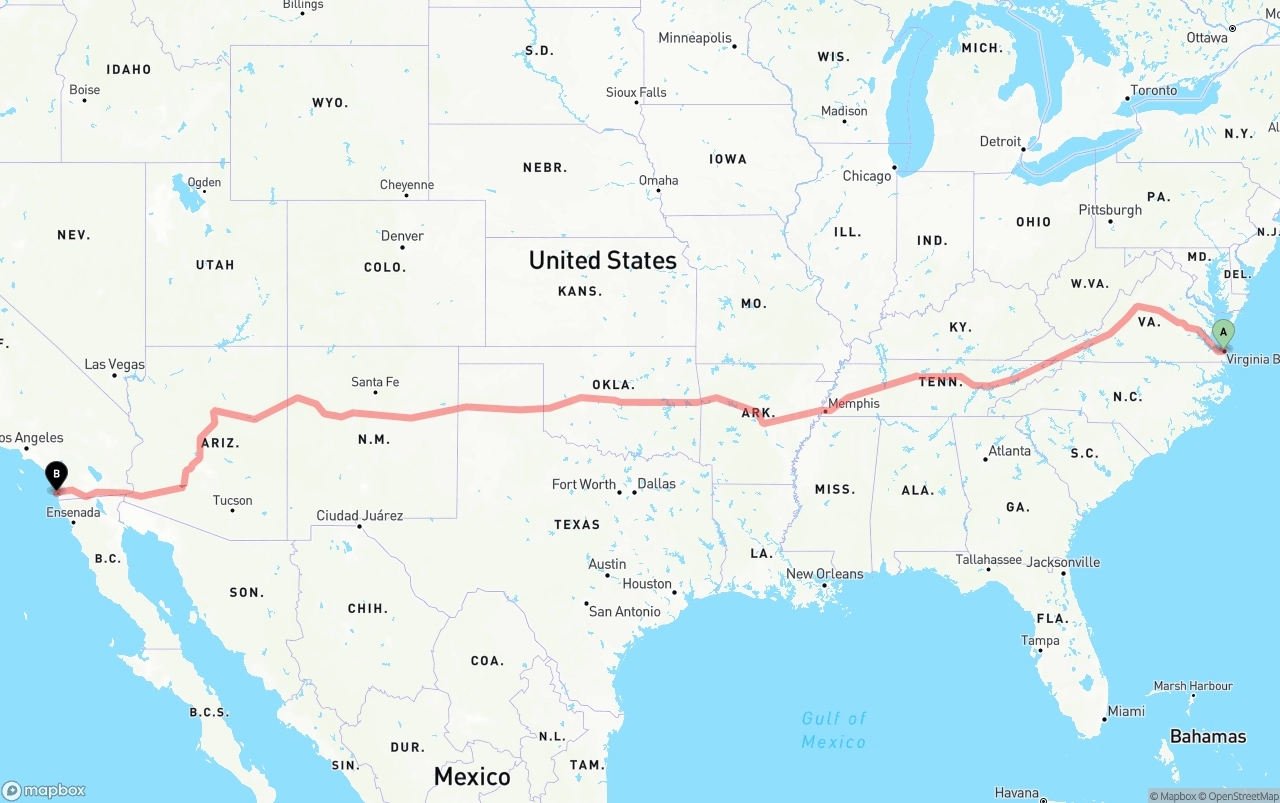 Shipping route from Virginia Beach to San Diego International Airport