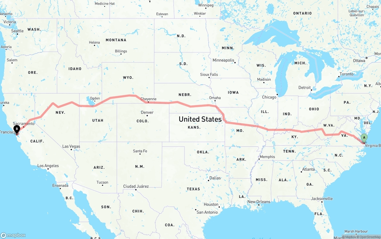 Shipping route from Virginia Beach to San Francisco