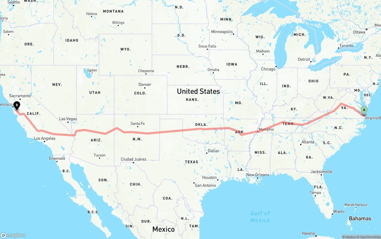 Shipping route from Virginia Beach to San Jose