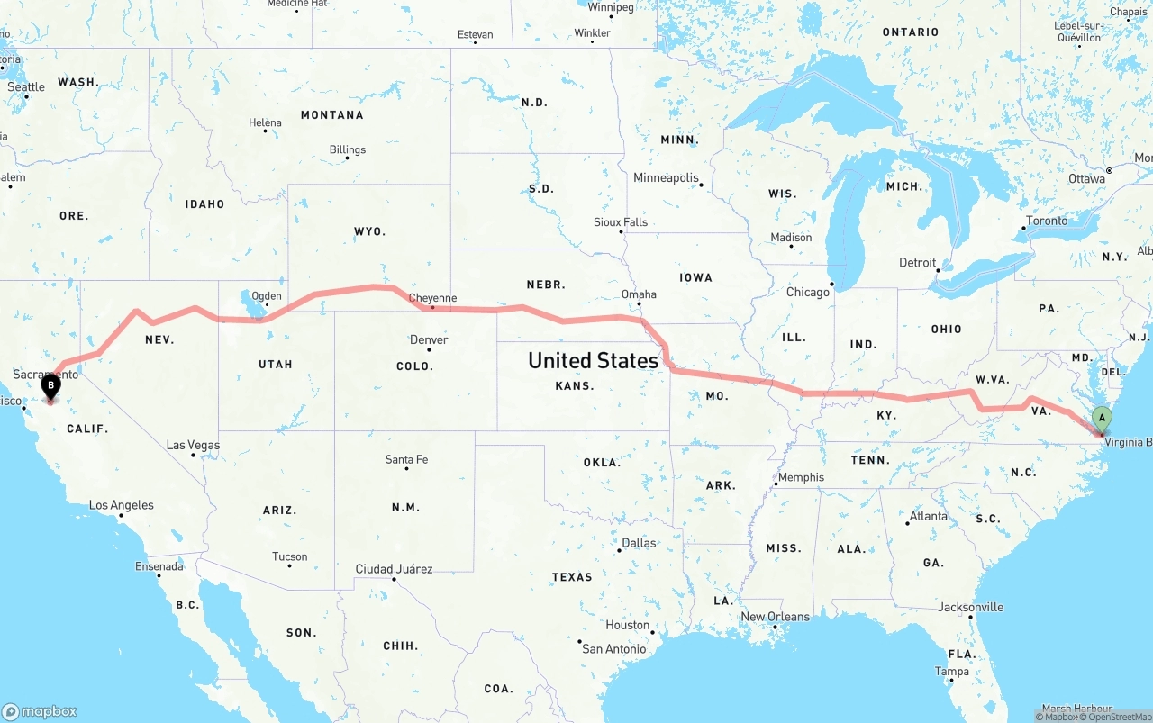 Shipping route from Virginia Beach to Stockton