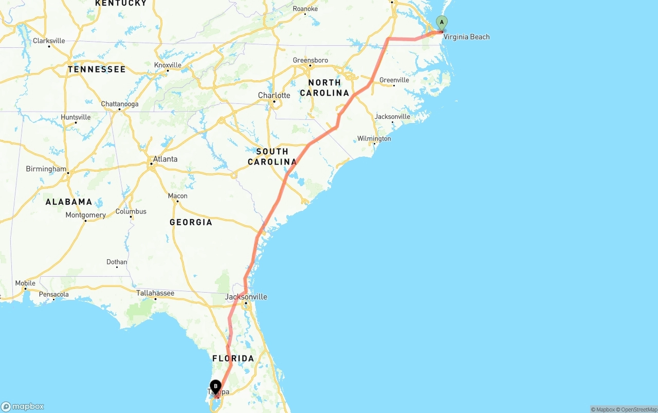 Shipping route from Virginia Beach to Tampa International Airport