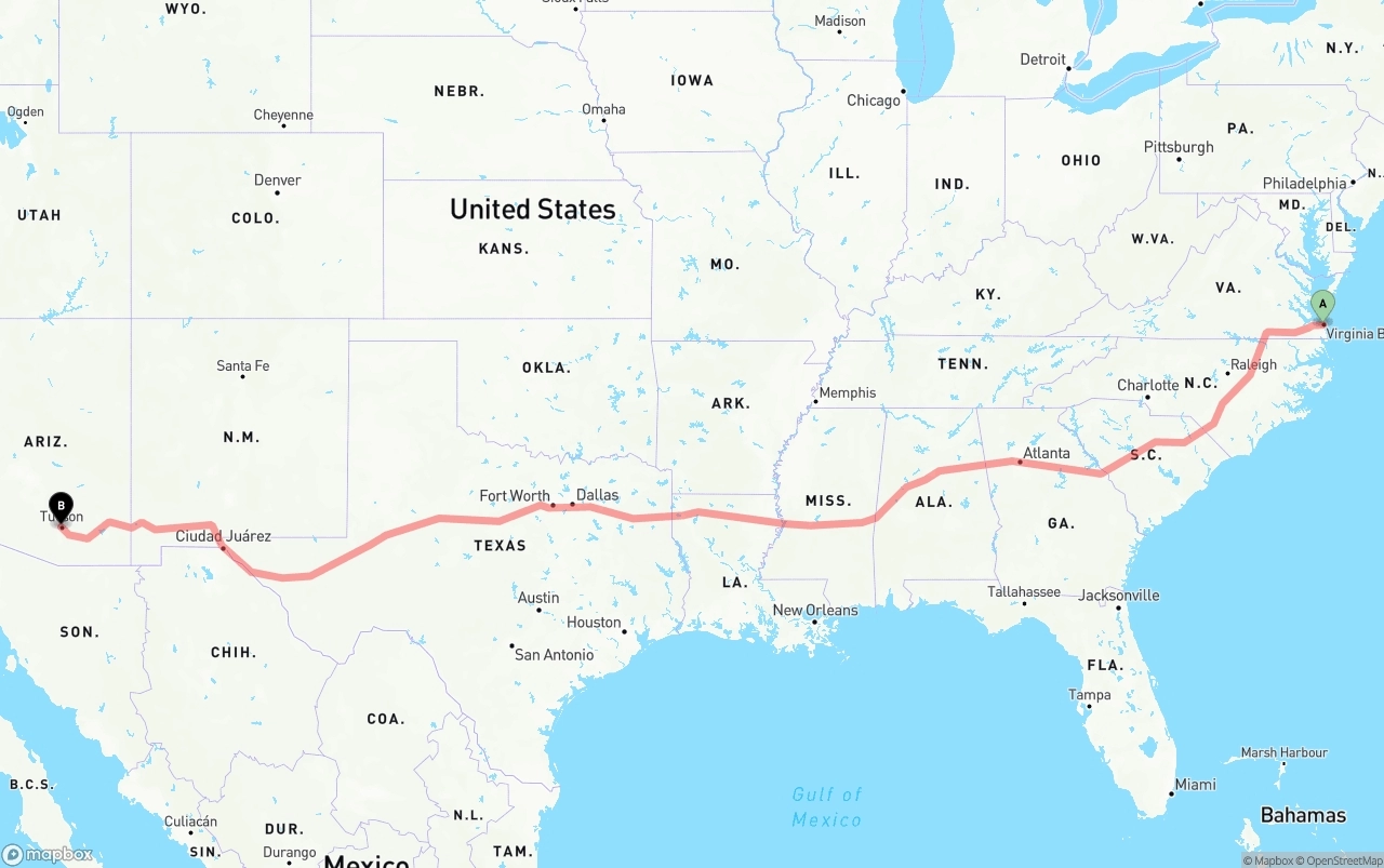 Shipping route from Virginia Beach to Tucson
