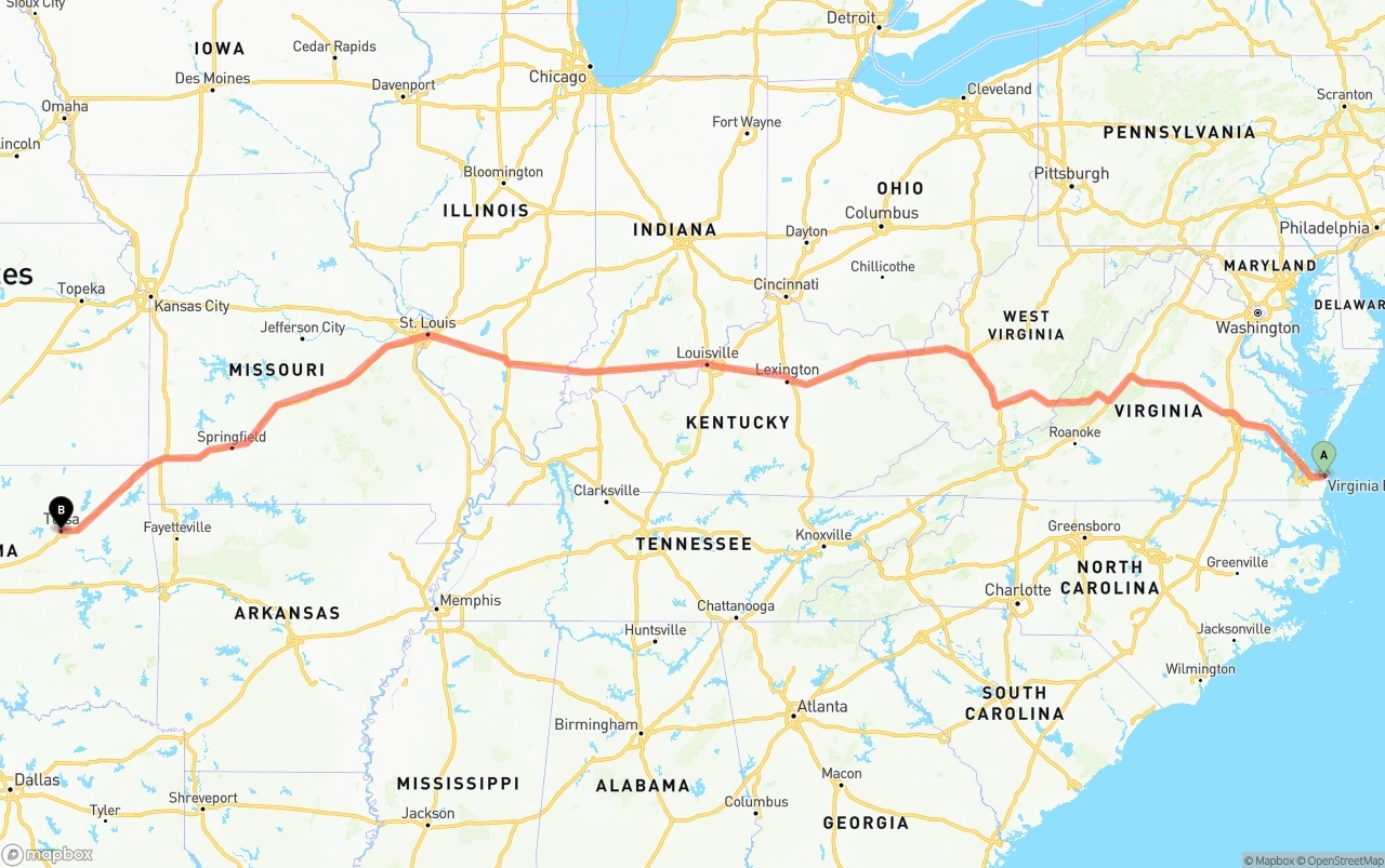 Shipping route from Virginia Beach to Tulsa