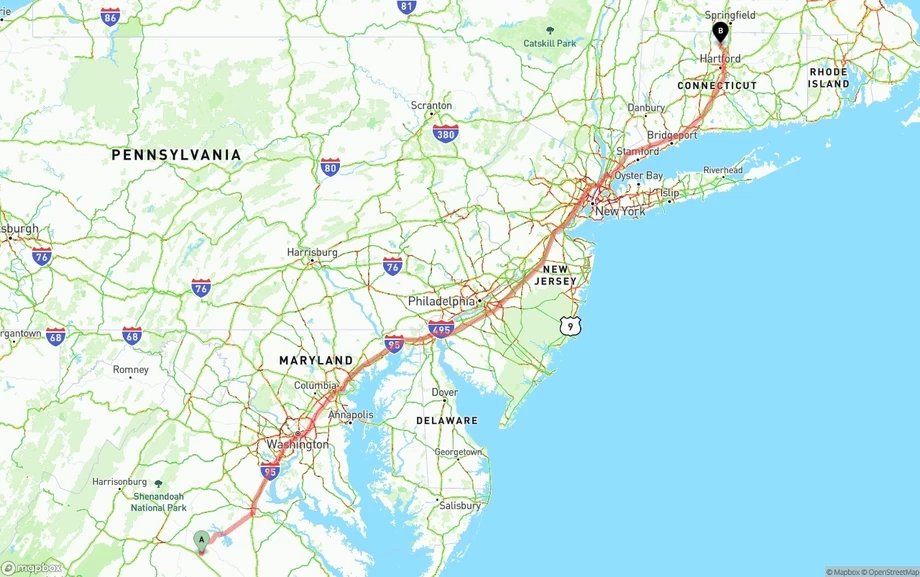 Virginia to Bradley International Airport freight shipping route map