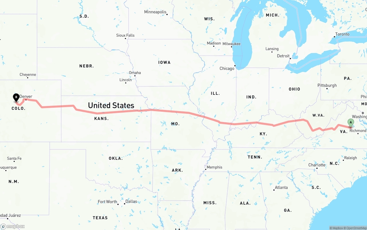 Shipping route from Virginia to Colorado