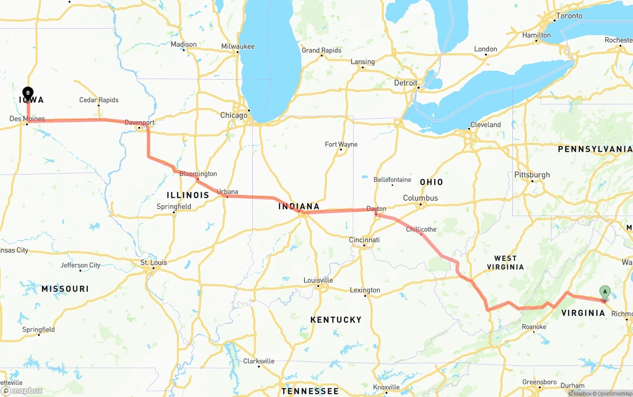 Shipping route from Virginia to Iowa