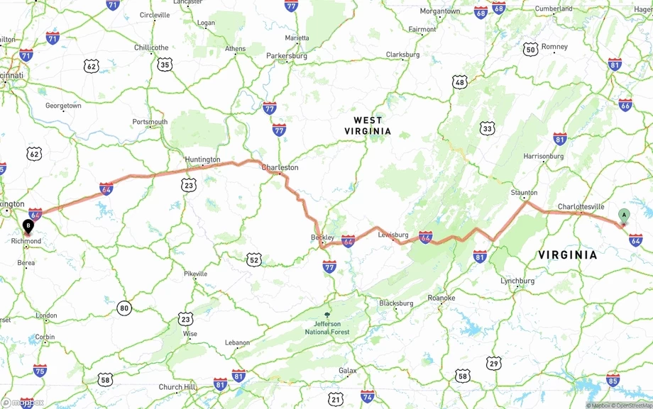 Virginia to Kentucky freight shipping route map