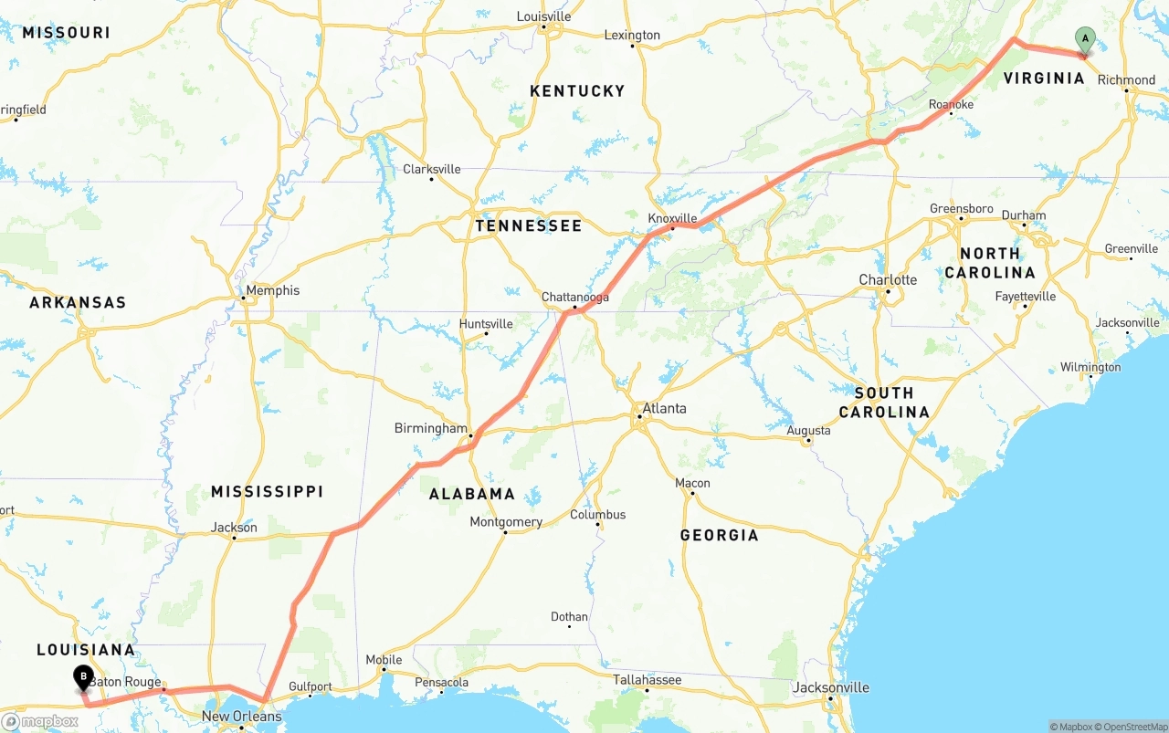 Shipping route from Virginia to Louisiana