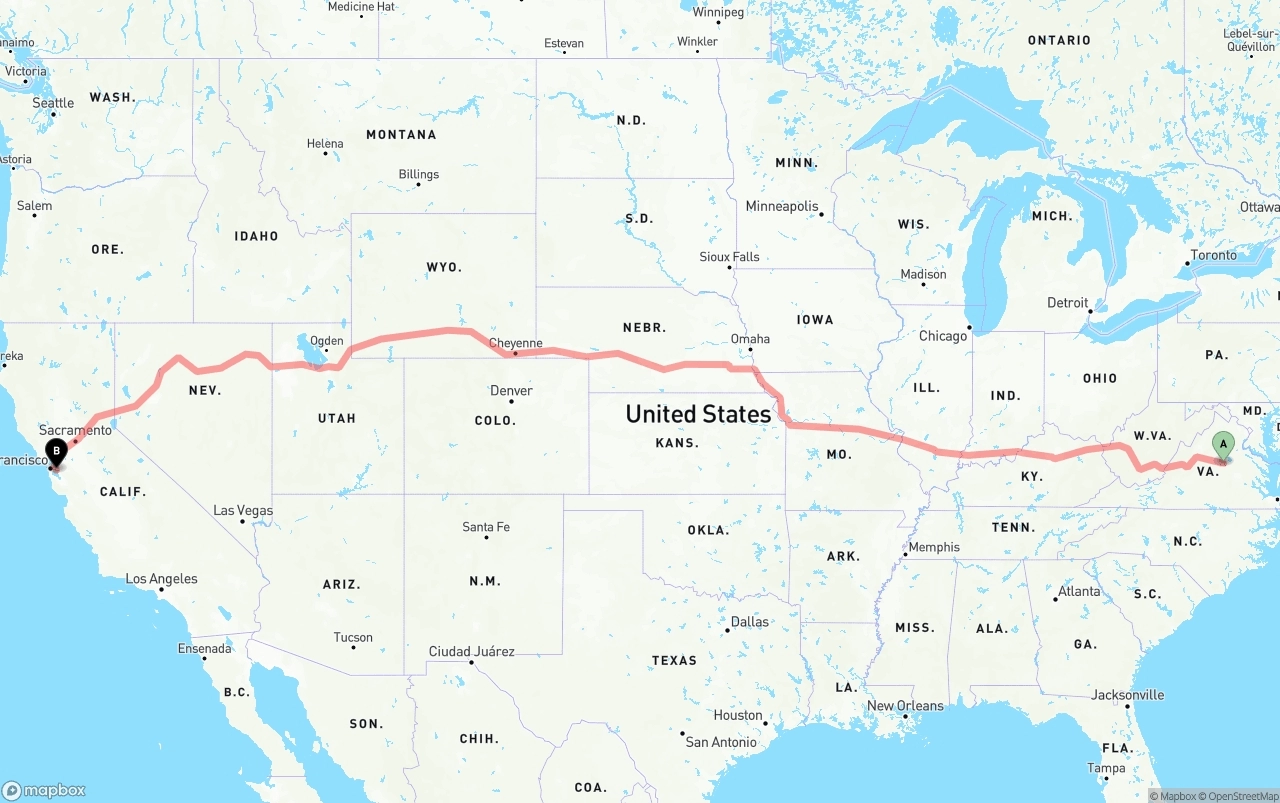 Shipping route from Virginia to Oakland International Airport