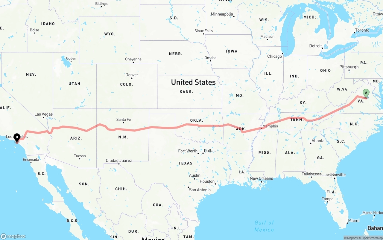Shipping route from Virginia to Port of Long Beach
