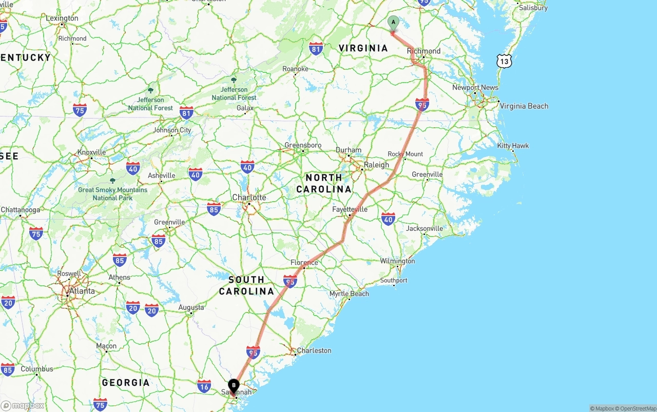 Shipping route from Virginia to Port of Savannah