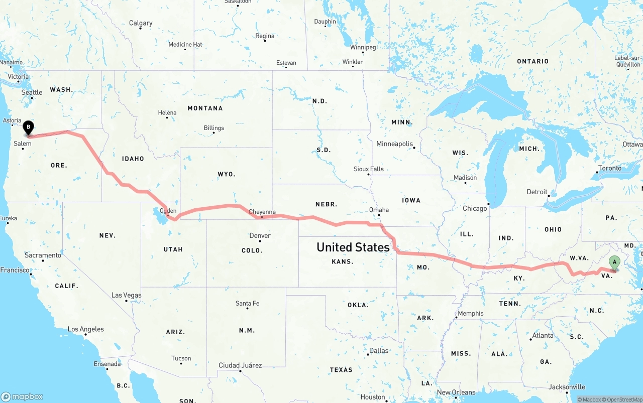 Shipping route from Virginia to Portland International Airport
