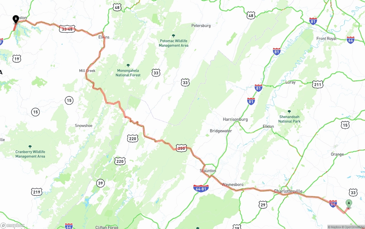 Shipping route from Virginia to West Virginia