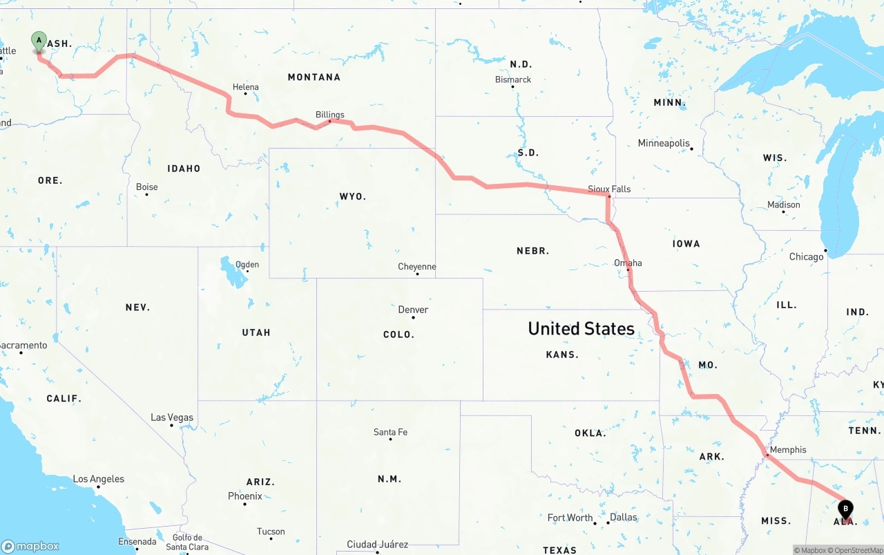 Shipping route from Washington to Alabama