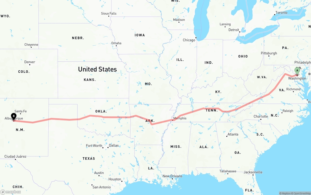 Shipping route from Washington D.C. to Albuquerque
