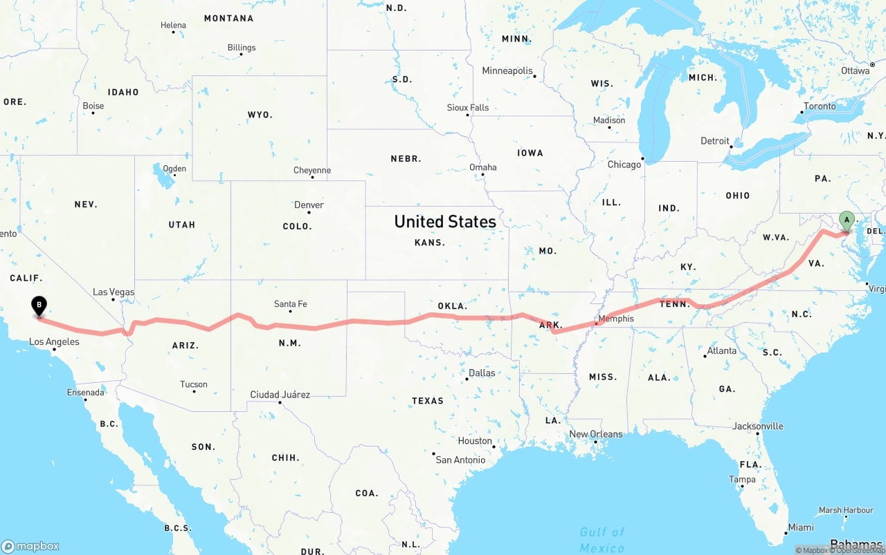 Shipping route from Washington D.C. to Bakersfield