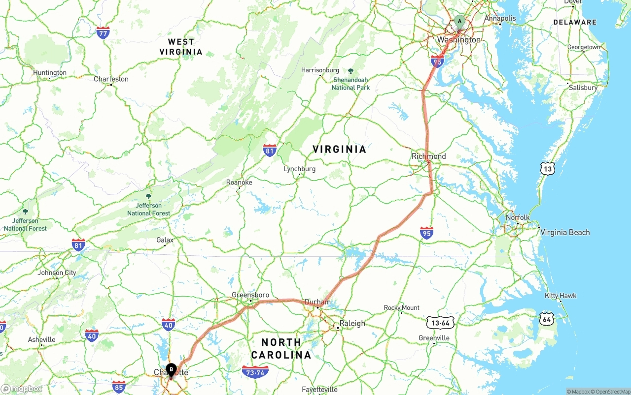 Shipping route from Washington D.C. to Charlotte