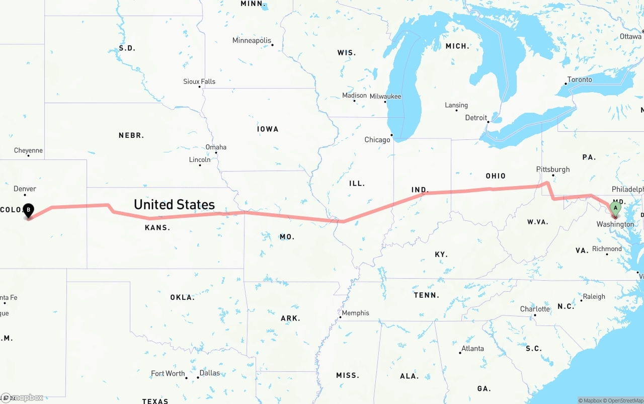 Shipping route from Washington D.C. to Colorado Springs