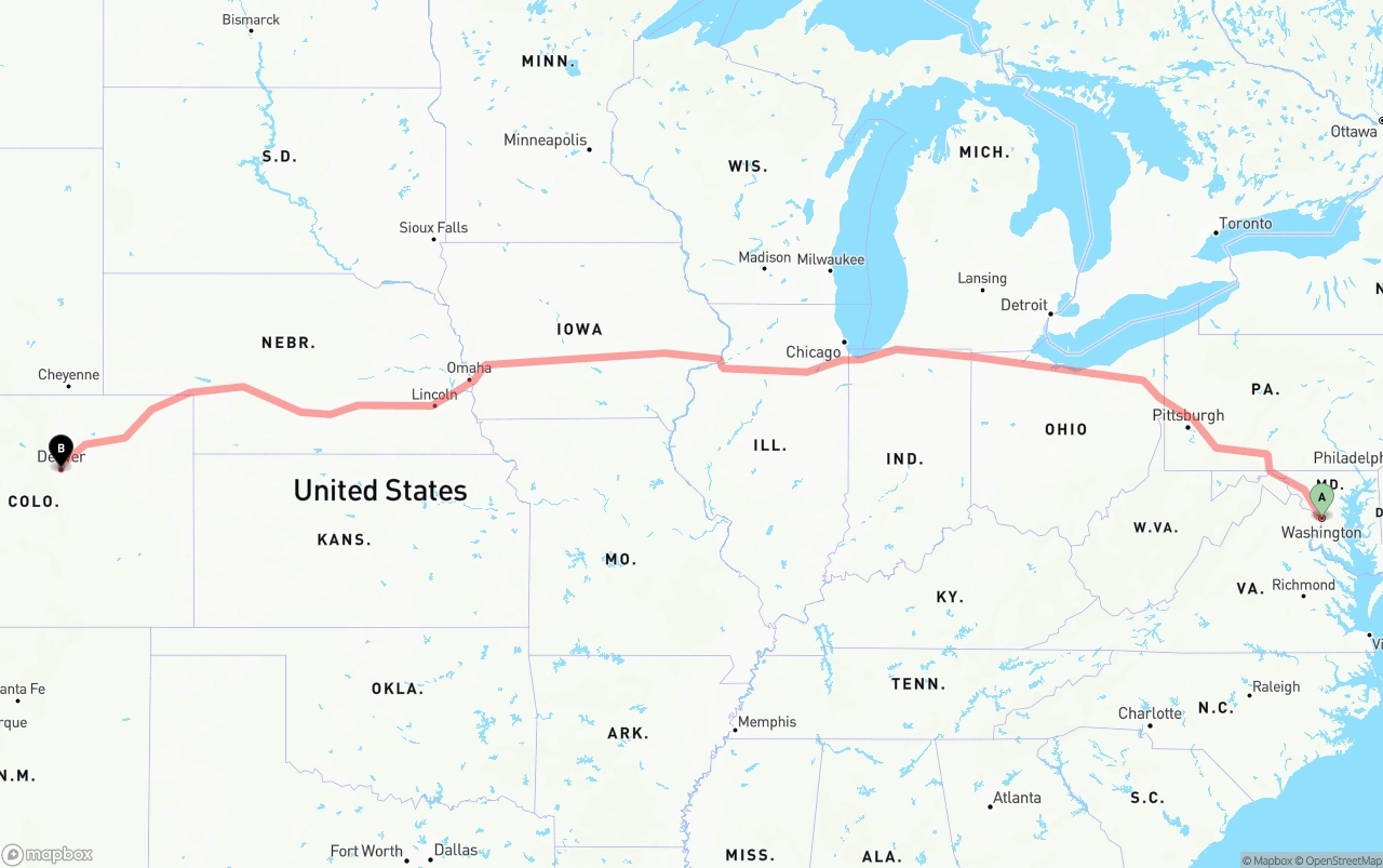 Shipping route from Washington D.C. to Denver
