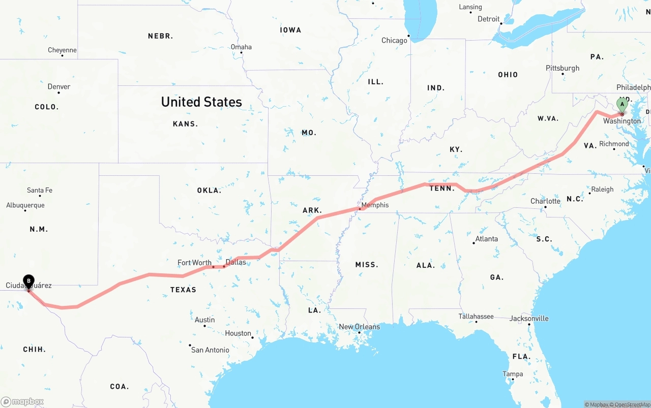 Shipping route from Washington D.C. to El Paso