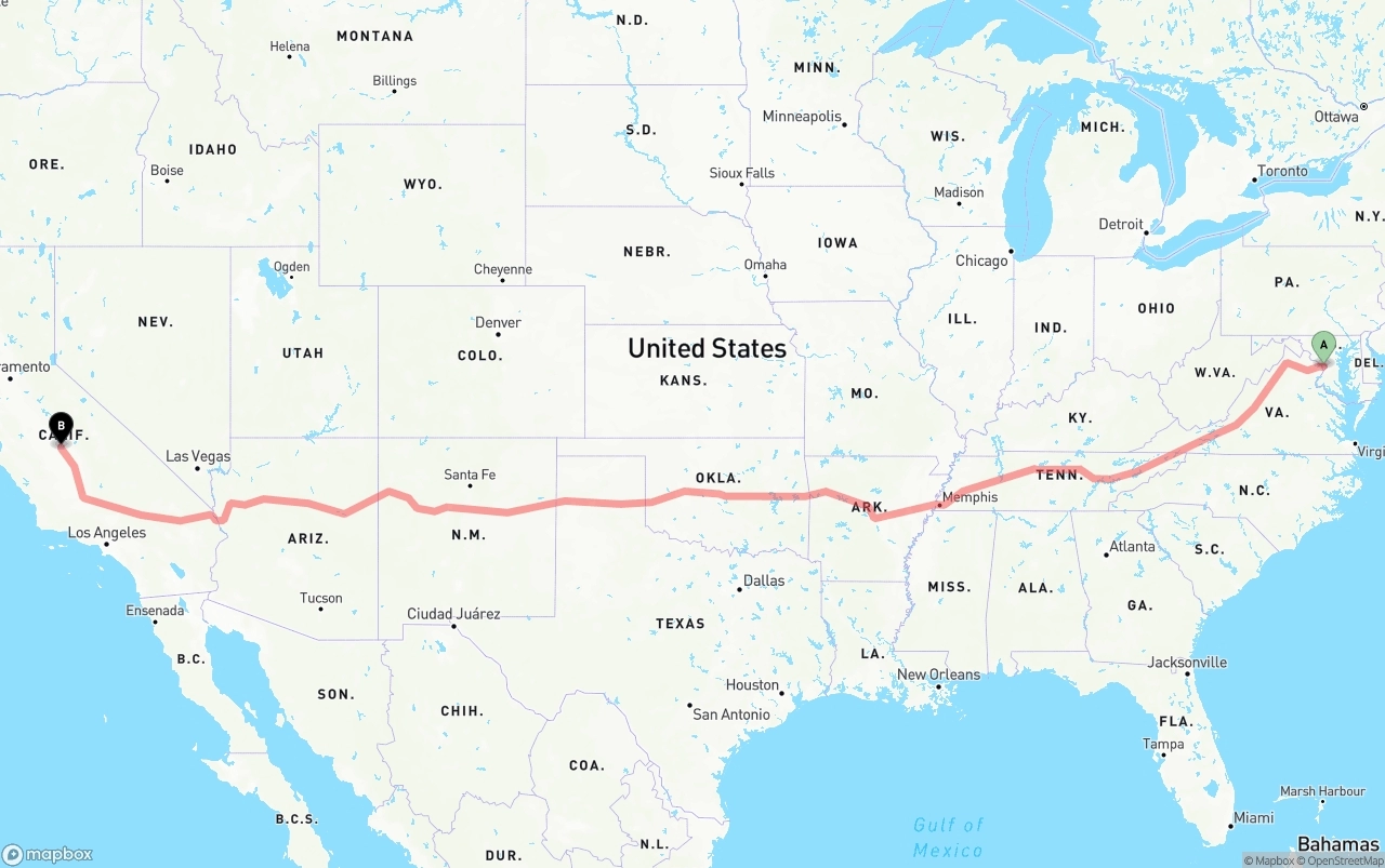 Shipping route from Washington D.C. to Fresno