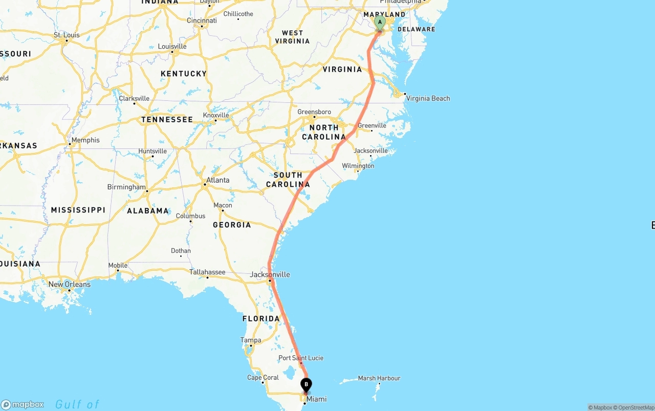 Shipping route from Washington D.C. to Ft. Lauderdale