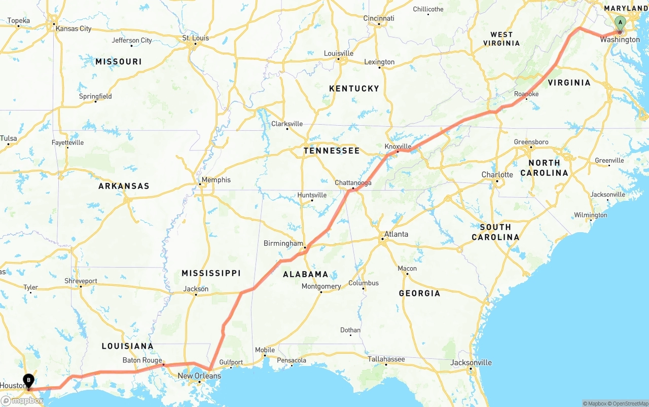 Shipping route from Washington D.C. to Houston