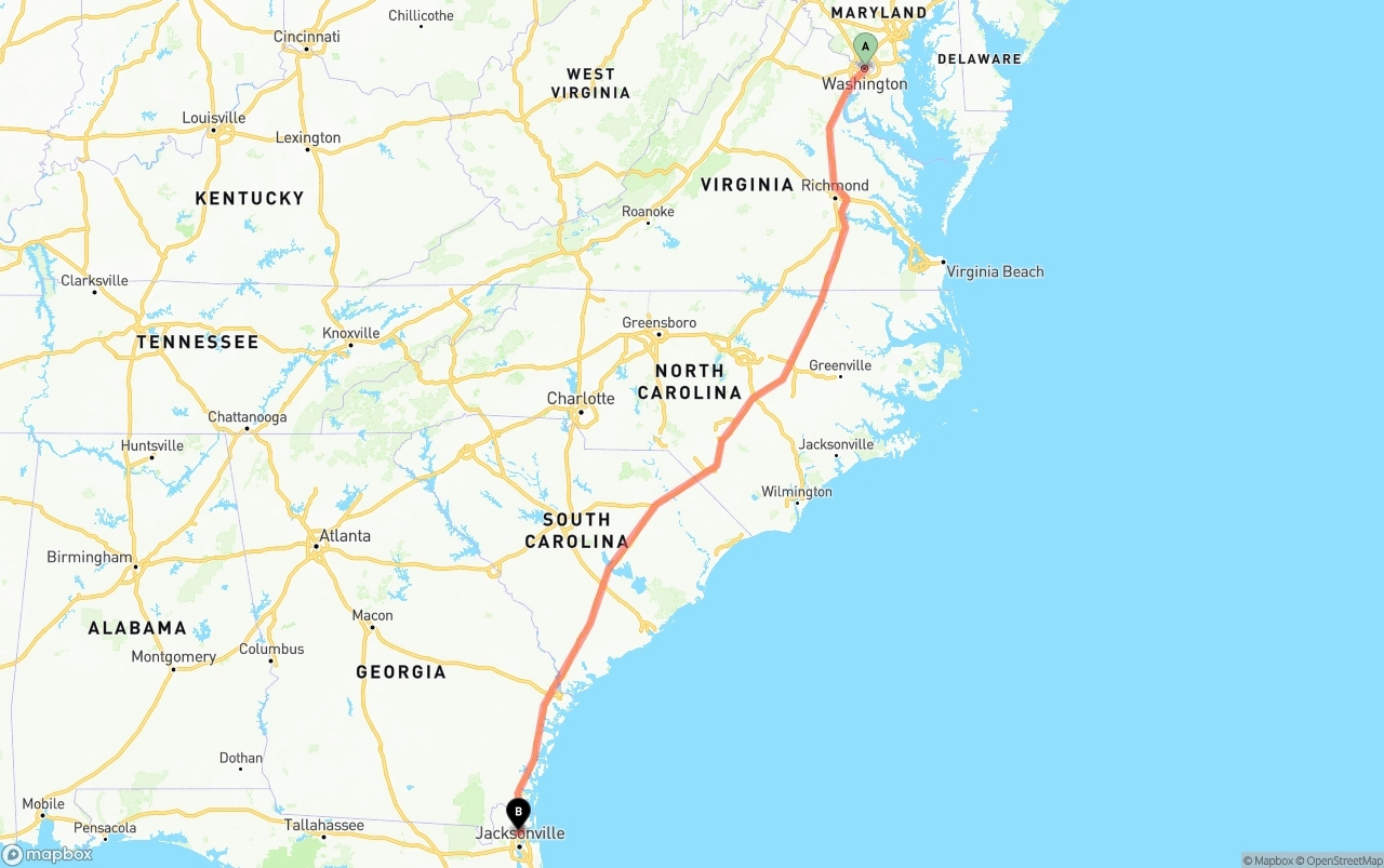 Shipping route from Washington D.C. to Jacksonville International Airport