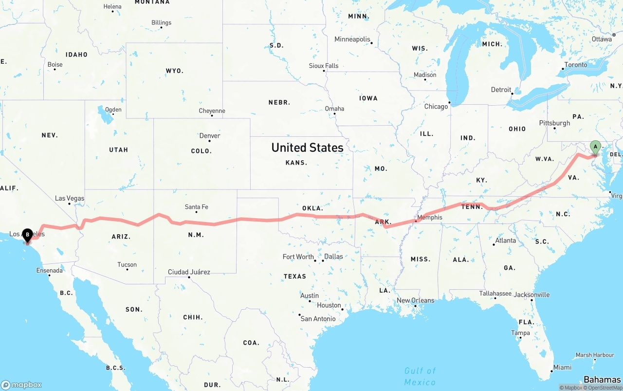 Shipping route from Washington D.C. to Long Beach