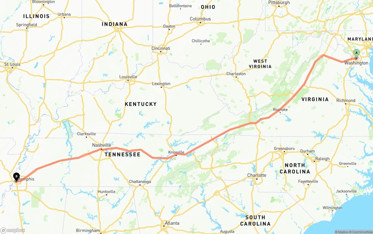 Shipping route from Washington D.C. to Memphis