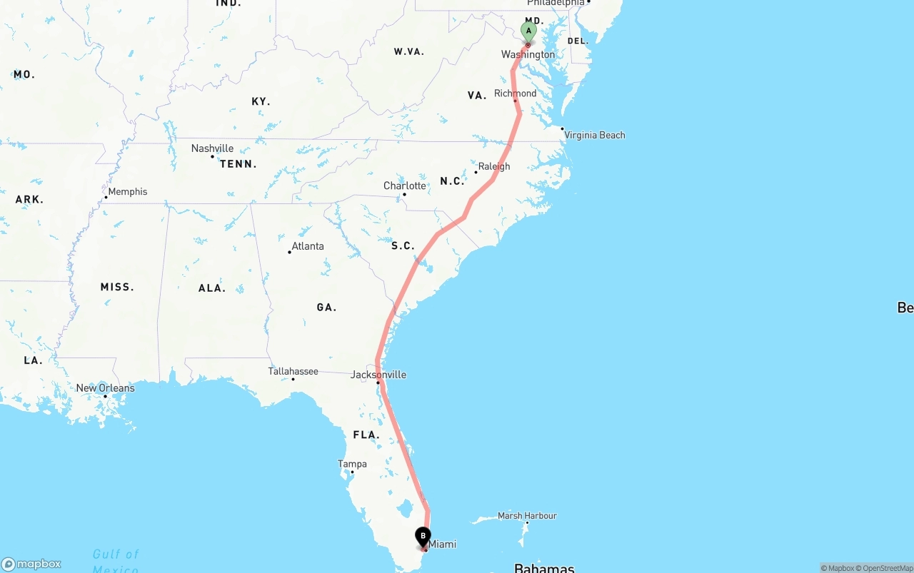 Shipping route from Washington D.C. to Miami International Airport