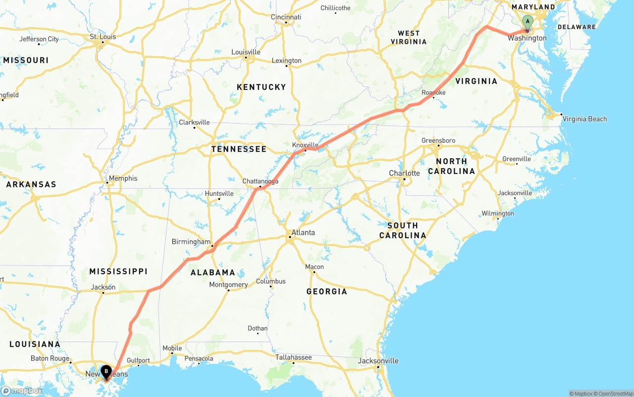 Shipping route from Washington D.C. to New Orleans