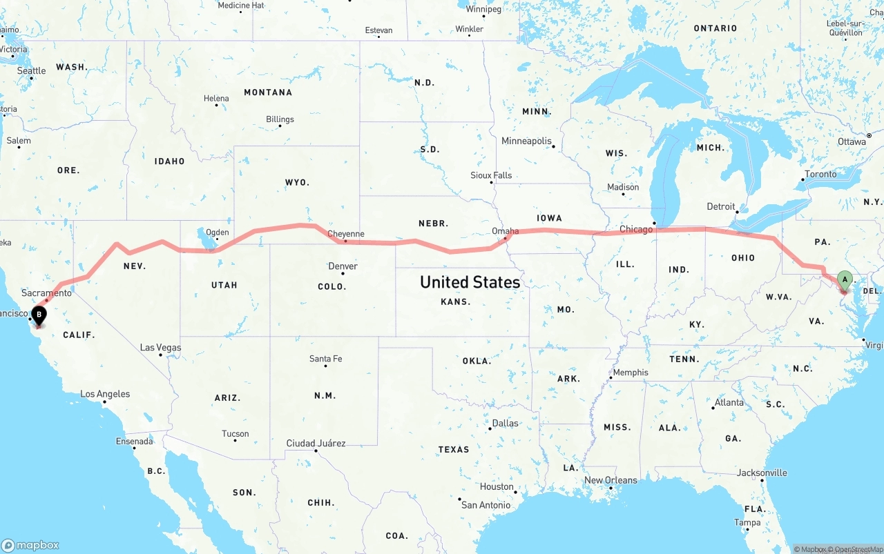 Shipping route from Washington D.C. to Norman Y. Mineta San Jose International Airport