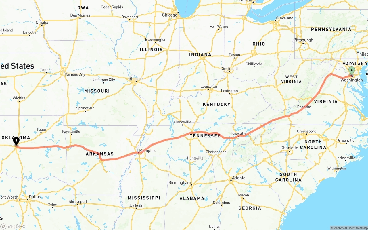 Shipping route from Washington D.C. to Oklahoma City