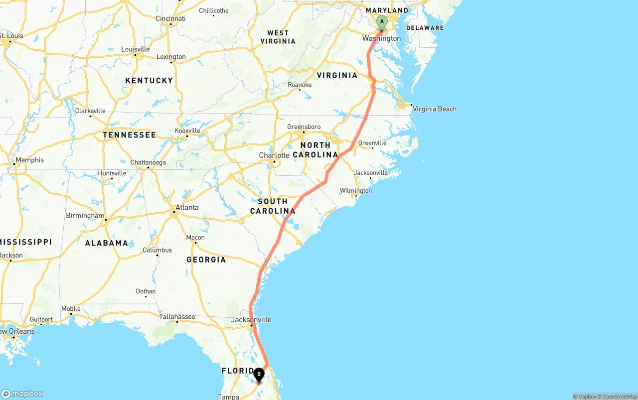 Shipping route from Washington D.C. to Orlando