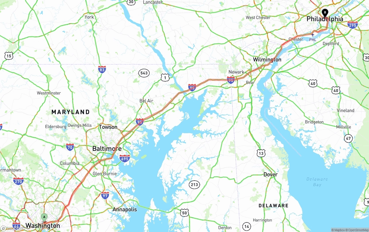 Shipping route from Washington D.C. to Philadelphia